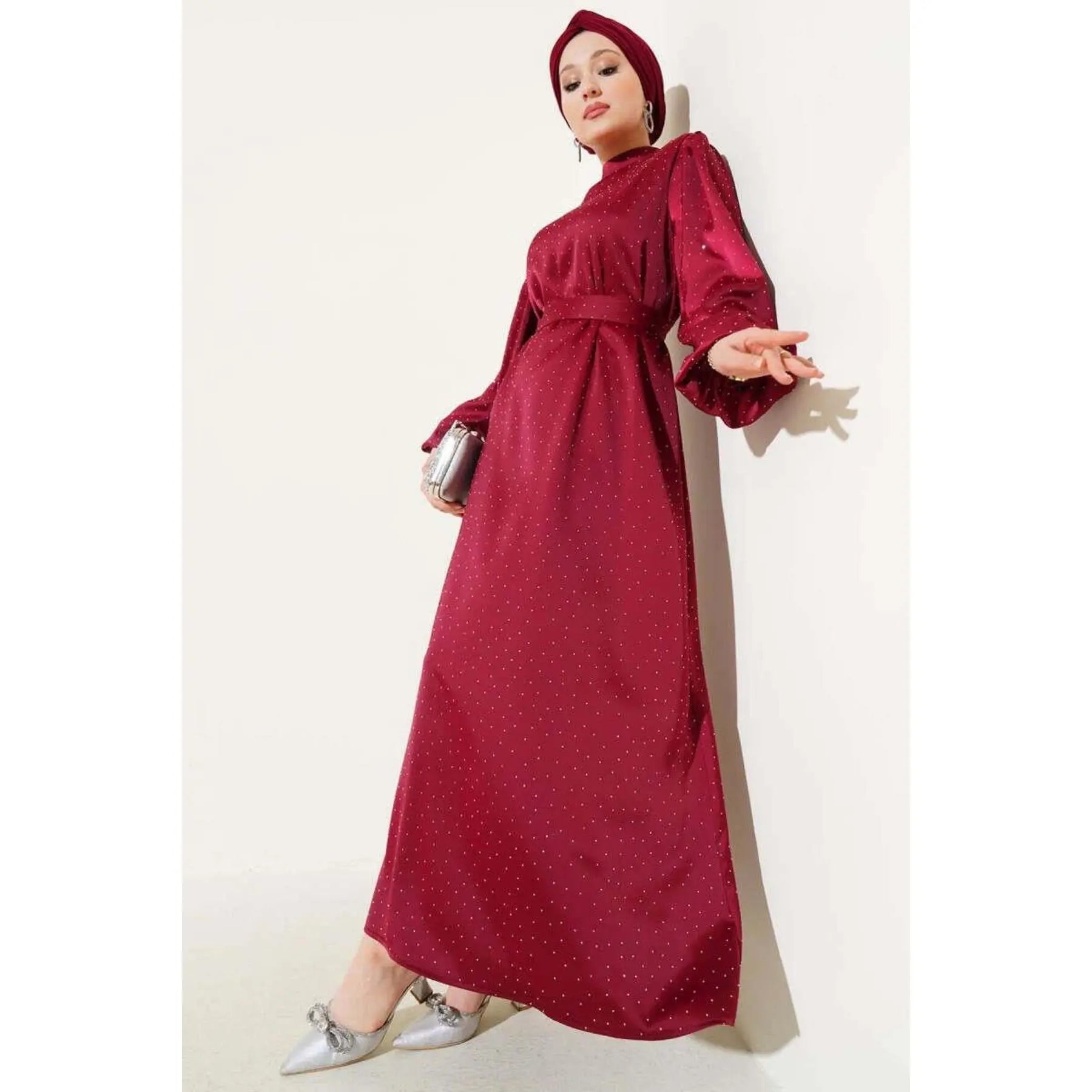 Burgundy Satin Women's Dress with Mini Stone Balloon Sleeves Empire Waist A-Line Ball Gown Simple Style Evening Party Size XS XL