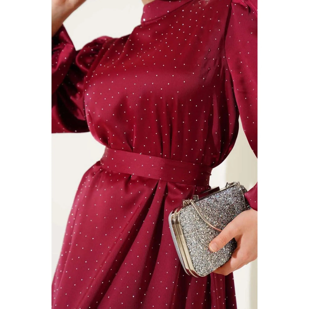 Burgundy Satin Women's Dress with Mini Stone Balloon Sleeves Empire Waist A-Line Ball Gown Simple Style Evening Party Size XS XL