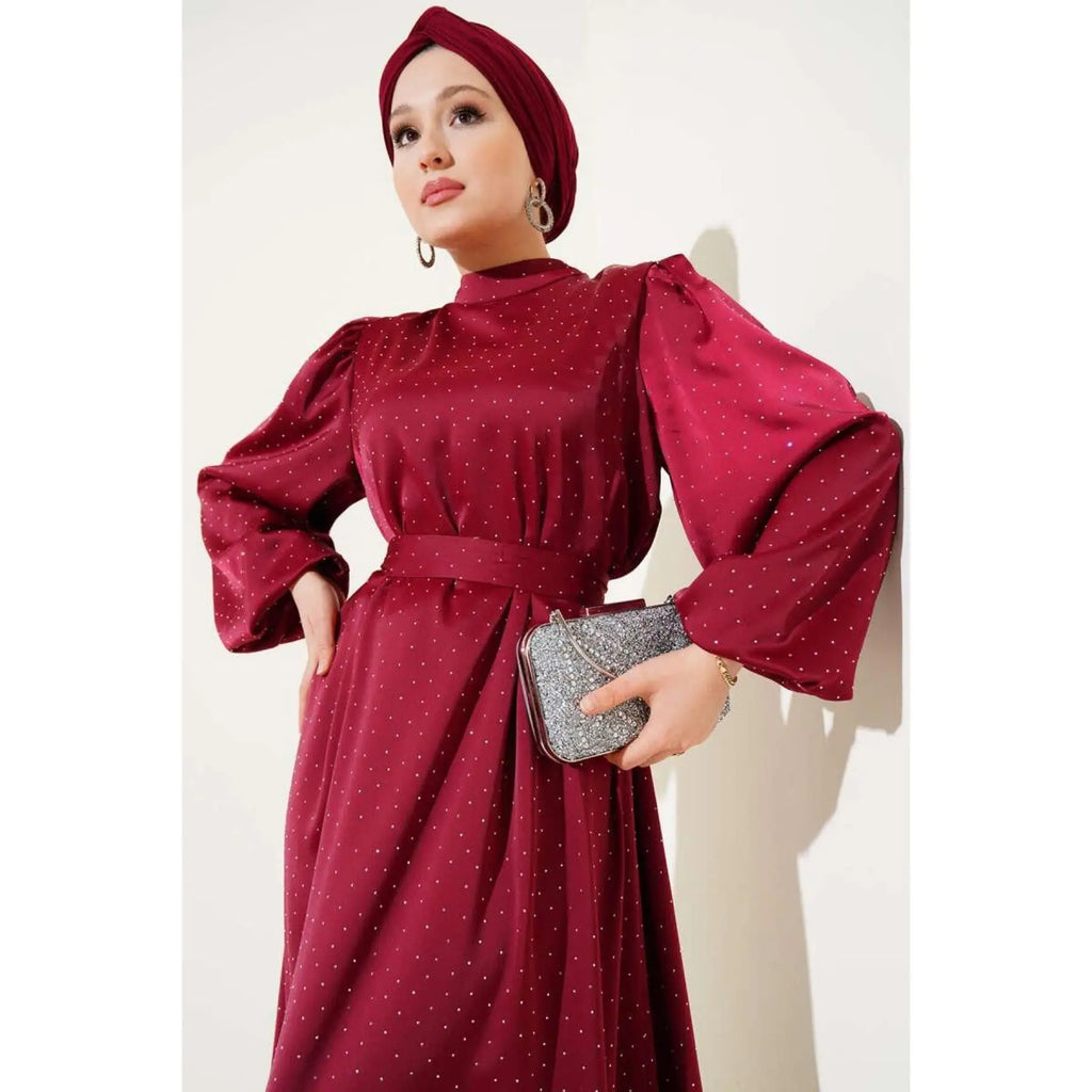 Burgundy Satin Women's Dress with Mini Stone Balloon Sleeves Empire Waist A-Line Ball Gown Simple Style Evening Party Size XS XL