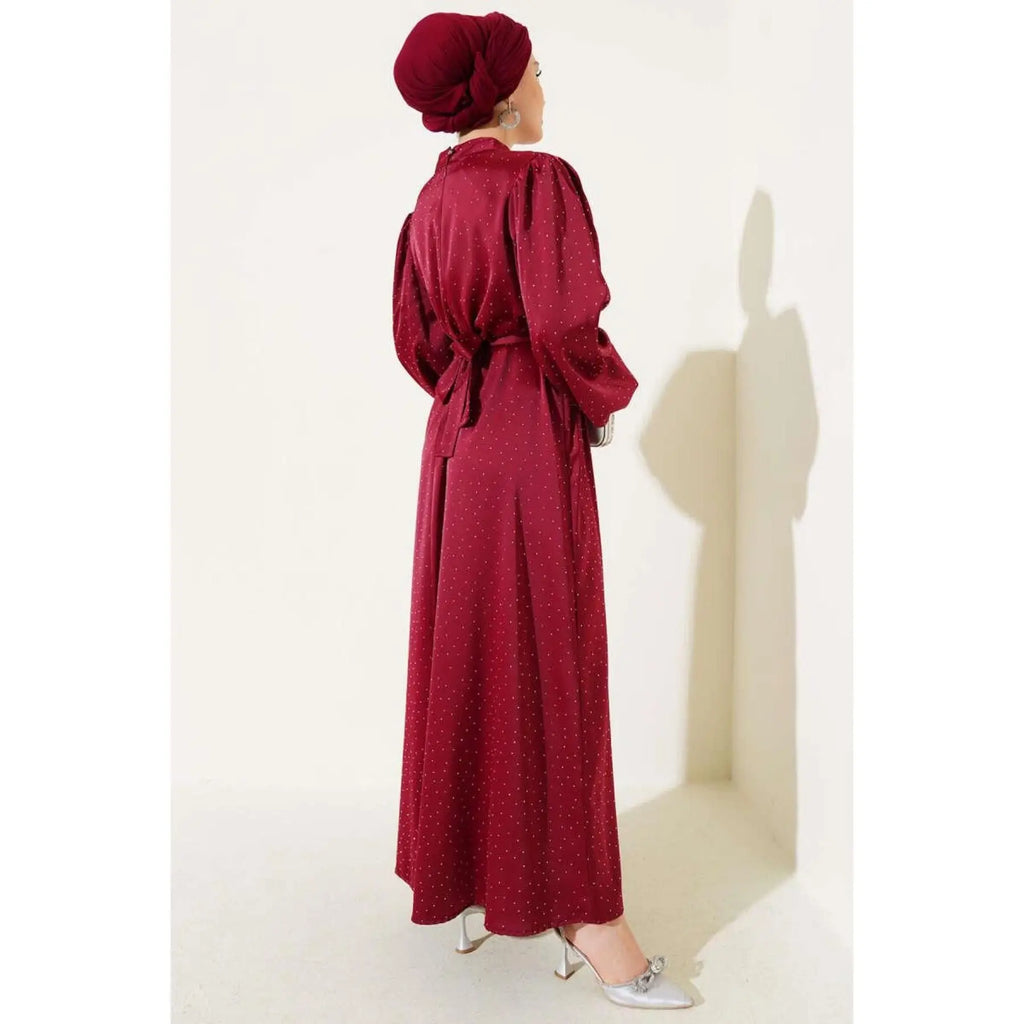 Burgundy Satin Women's Dress with Mini Stone Balloon Sleeves Empire Waist A-Line Ball Gown Simple Style Evening Party Size XS XL