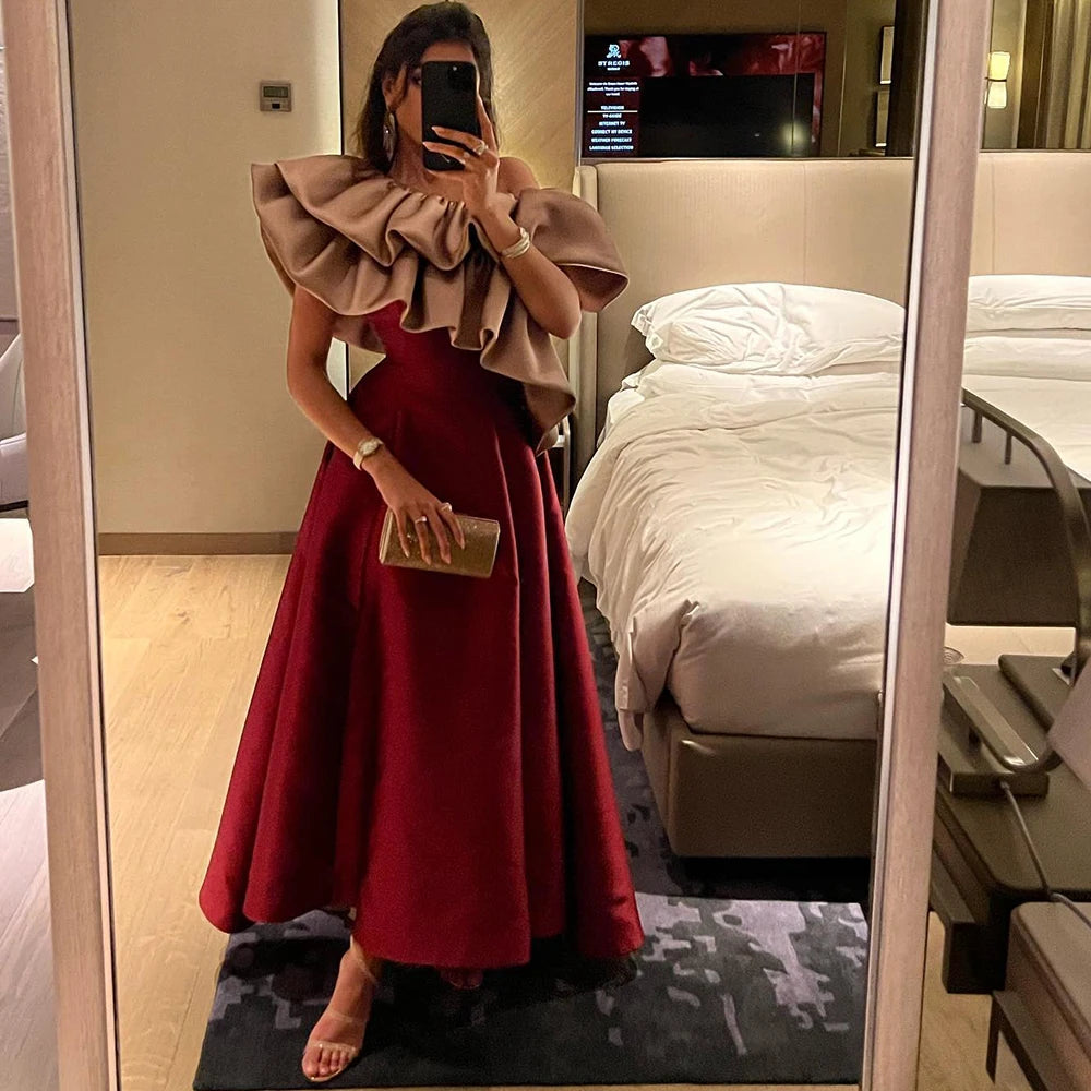 Elegant Pink Burgundy Dubai Short Evening Dresses for Wedding Party 2023 Arabic Women Midi Formal Guest Gowns Sf057