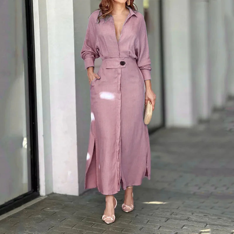 2025 New Style Solid Color Casual Dress High Waist Long Sleeve Pocket Cardigan Dress Office Lady Dress