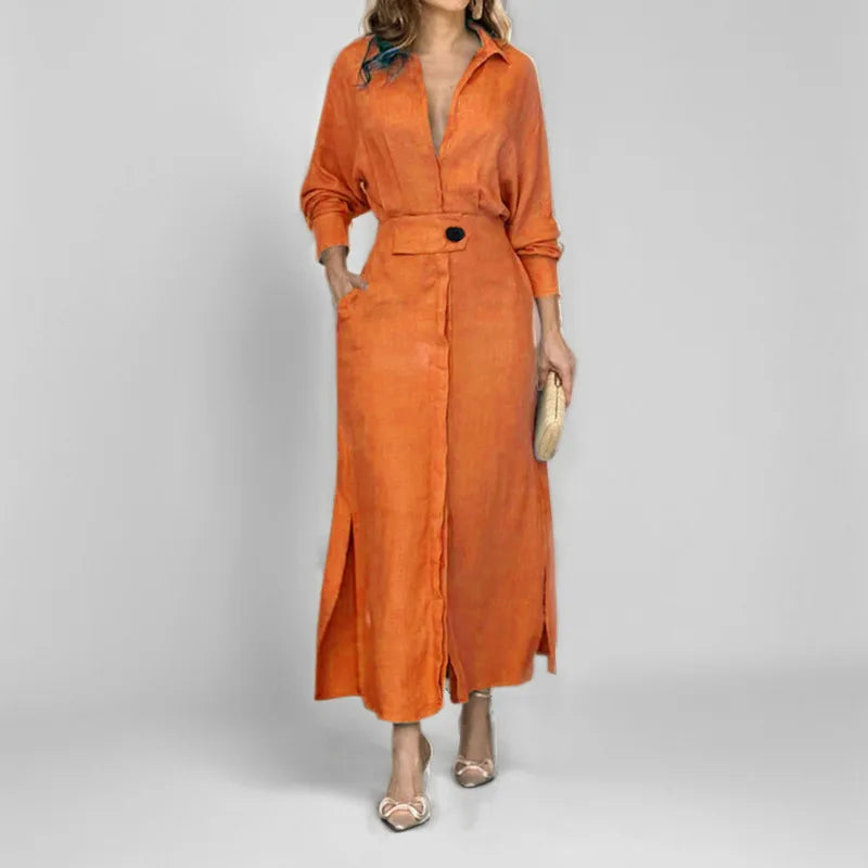 2025 New Style Solid Color Casual Dress High Waist Long Sleeve Pocket Cardigan Dress Office Lady Dress