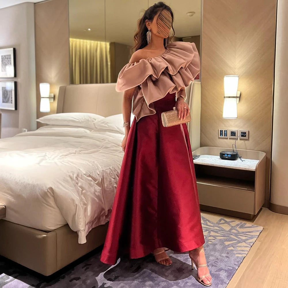 Elegant Pink Burgundy Dubai Short Evening Dresses for Wedding Party 2023 Arabic Women Midi Formal Guest Gowns Sf057