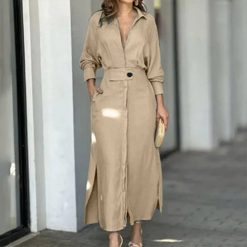 2025 New Style Solid Color Casual Dress High Waist Long Sleeve Pocket Cardigan Dress Office Lady Dress