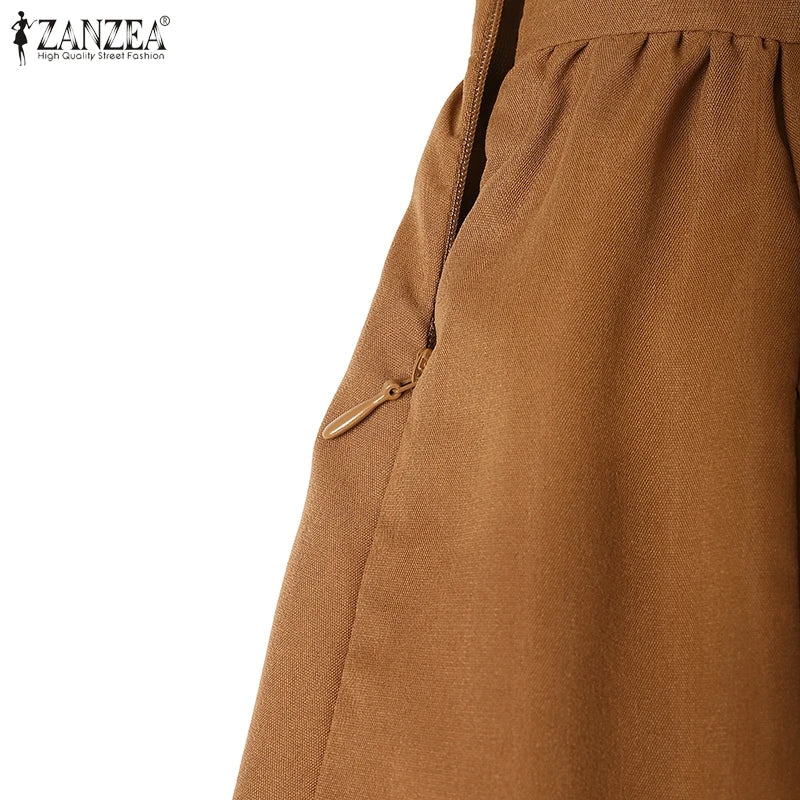 ZANZEA 2025 Autumn Solid Work Dresses Women V Neck Long Sleeve Dress Elegant A Line Party Sundress Casual Solid Button Midi Robe