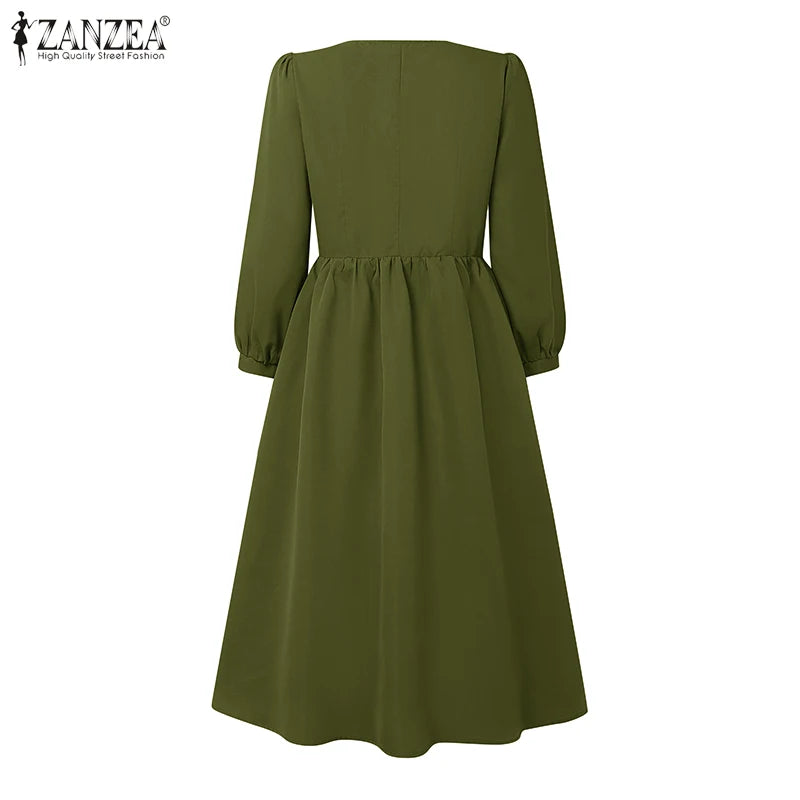 ZANZEA 2025 Autumn Solid Work Dresses Women V Neck Long Sleeve Dress Elegant A Line Party Sundress Casual Solid Button Midi Robe