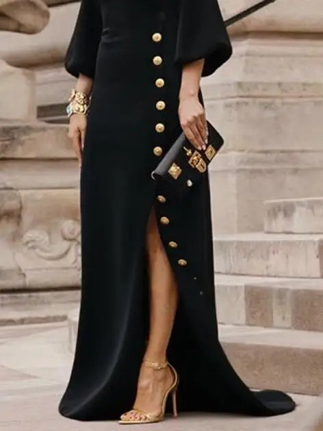 Modigirl Wedding Prom Evening Gown Party Slit Maxi Dresses for Woman 2025 New Lace Up Gold Button Womens Black Autumn Long Dress
