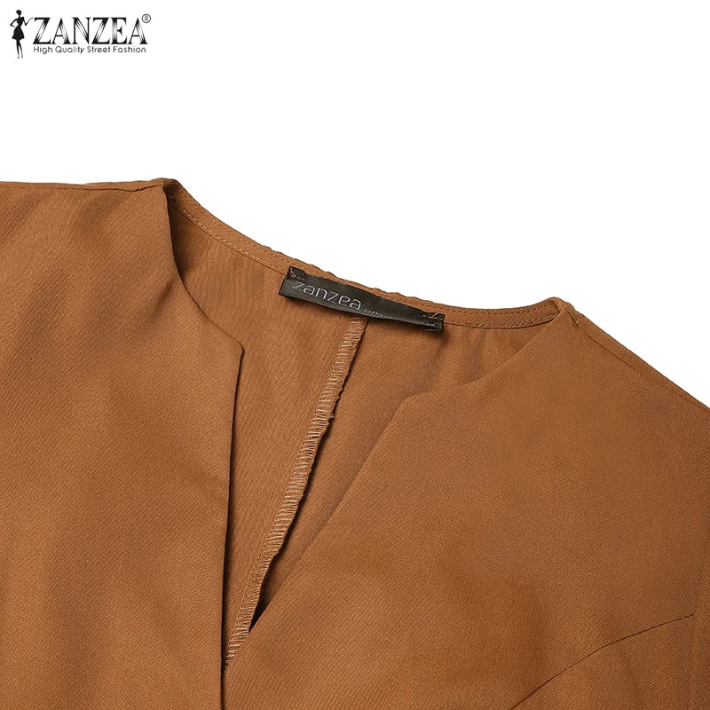 ZANZEA 2025 Autumn Solid Work Dresses Women V Neck Long Sleeve Dress Elegant A Line Party Sundress Casual Solid Button Midi Robe