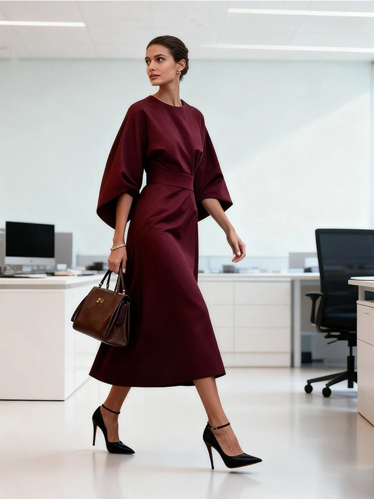 Long Dress for Women Fashion Summer Elegant Dresses 2025 New Round-Neck Puff Sleeves Pleated Party Evening Dress