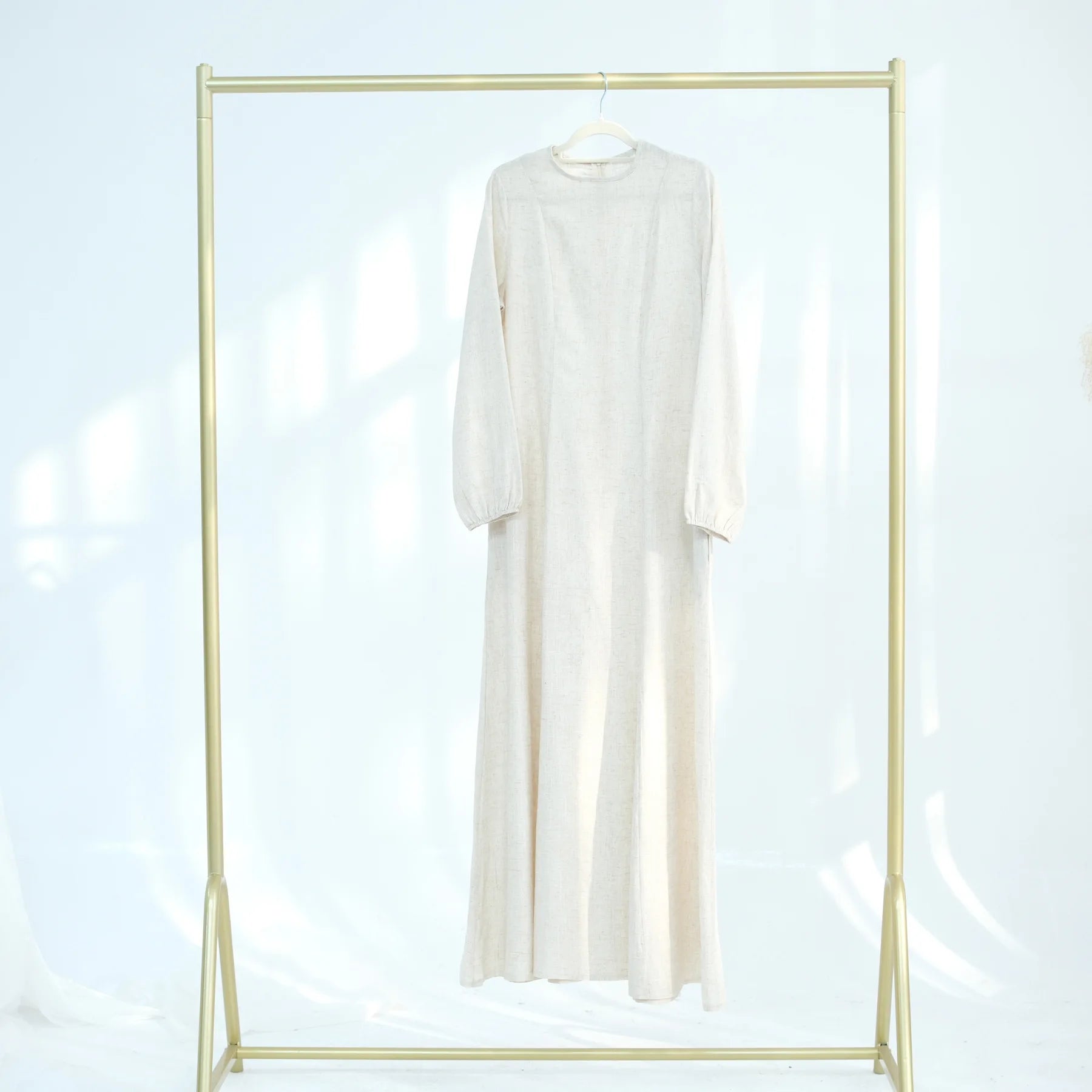 Muslim Long Dresses for Women Cotton Linen Fabric Round Neck Fitted Waist Outdoor Girl's Clothing Evening Party Abayas White