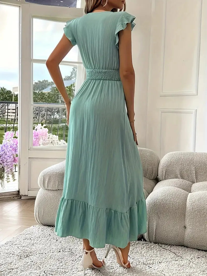 Long Dress Women 2025 Summer Dresses V Neck Solid Color Elastic Waist Maxi Gown Office Lady Ruffles Vestidos Casual A Line