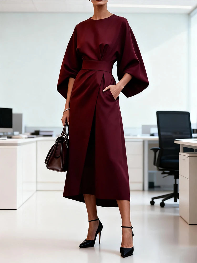 Long Dress for Women Fashion Summer Elegant Dresses 2025 New Round-Neck Puff Sleeves Pleated Party Evening Dress