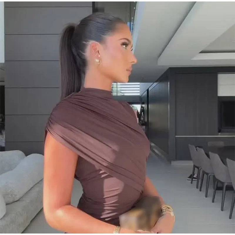 Elegant Women Pleated Irregular Patchwork Maxi Dress Chic Long Sleeve High Neack Dresses 2025 Summer Turtleneck Party Prom Gowns