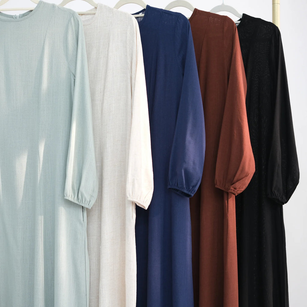 Muslim Long Dresses for Women Cotton Linen Fabric Round Neck Fitted Waist Outdoor Girl's Clothing Evening Party Abayas White