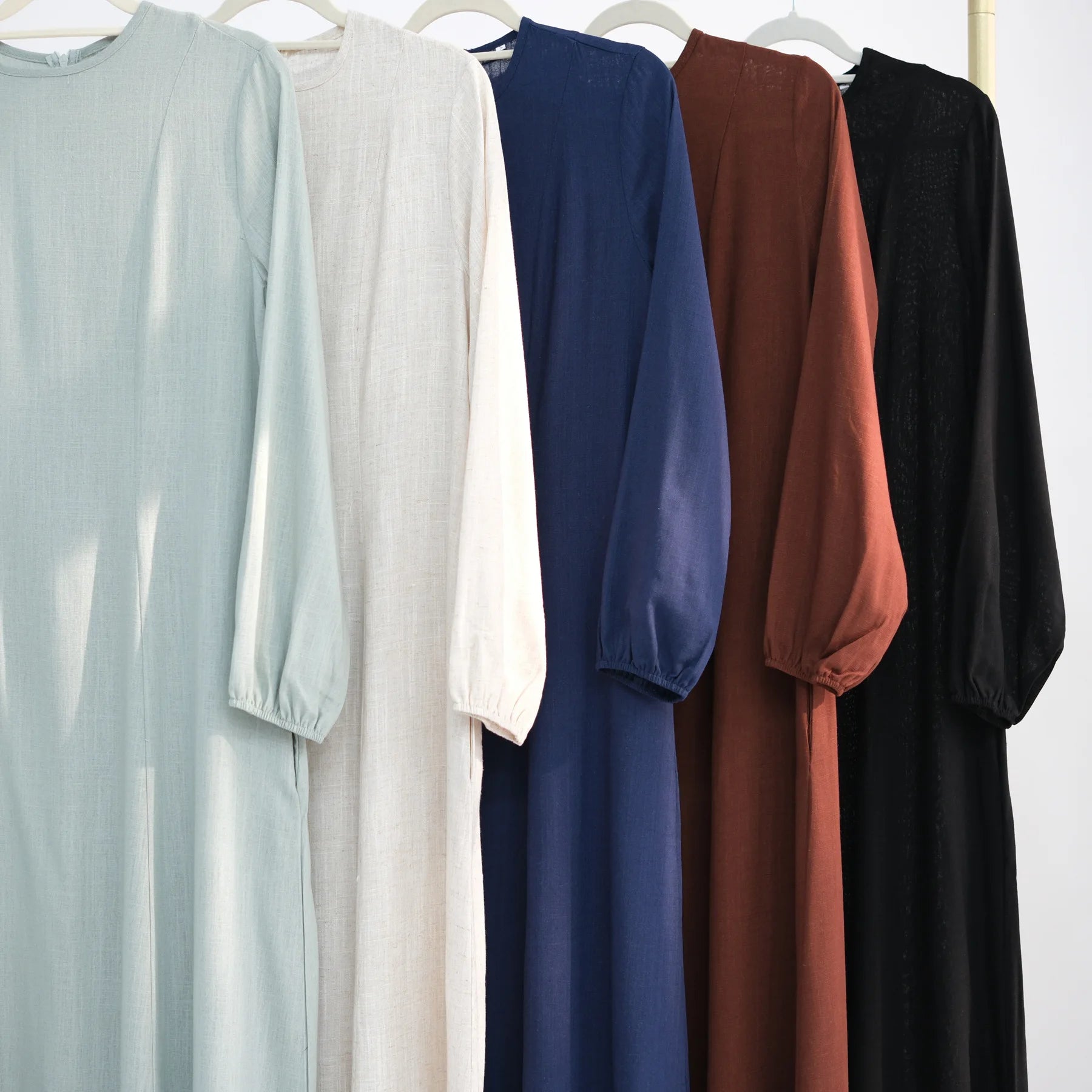 Muslim Long Dresses for Women Cotton Linen Fabric Round Neck Fitted Waist Outdoor Girl's Clothing Evening Party Abayas White