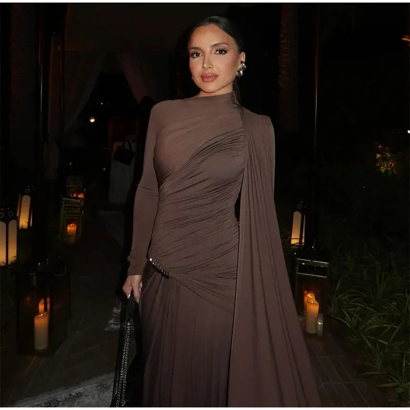 Elegant Women Pleated Irregular Patchwork Maxi Dress Chic Long Sleeve High Neack Dresses 2025 Summer Turtleneck Party Prom Gowns