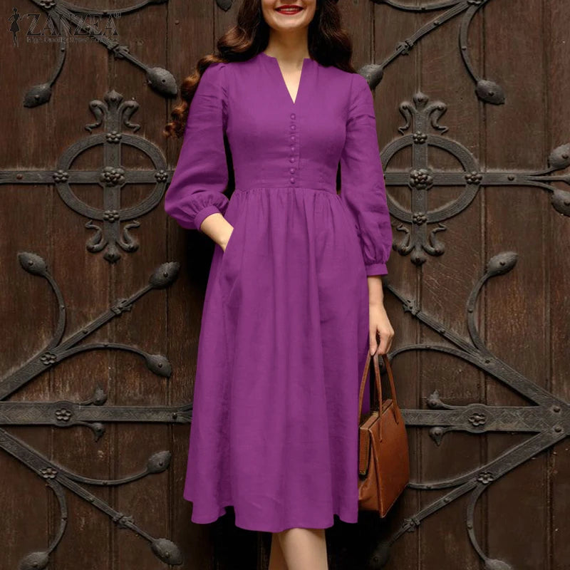 ZANZEA 2025 Autumn Solid Work Dresses Women V Neck Long Sleeve Dress Elegant A Line Party Sundress Casual Solid Button Midi Robe