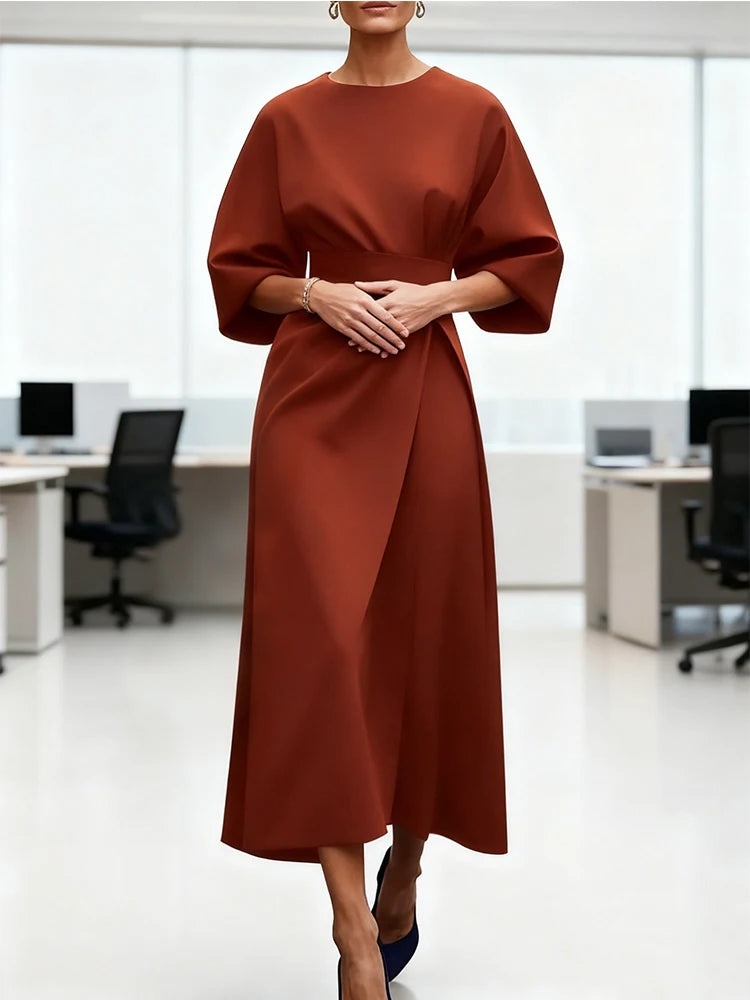 Long Dress for Women Fashion Summer Elegant Dresses 2025 New Round-Neck Puff Sleeves Pleated Party Evening Dress