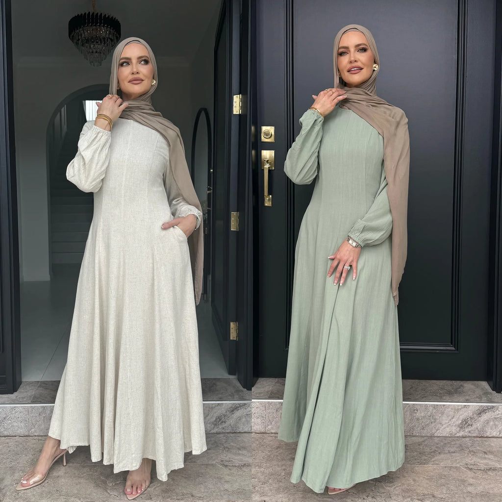Muslim Long Dresses for Women Cotton Linen Fabric Round Neck Fitted Waist Outdoor Girl's Clothing Evening Party Abayas White