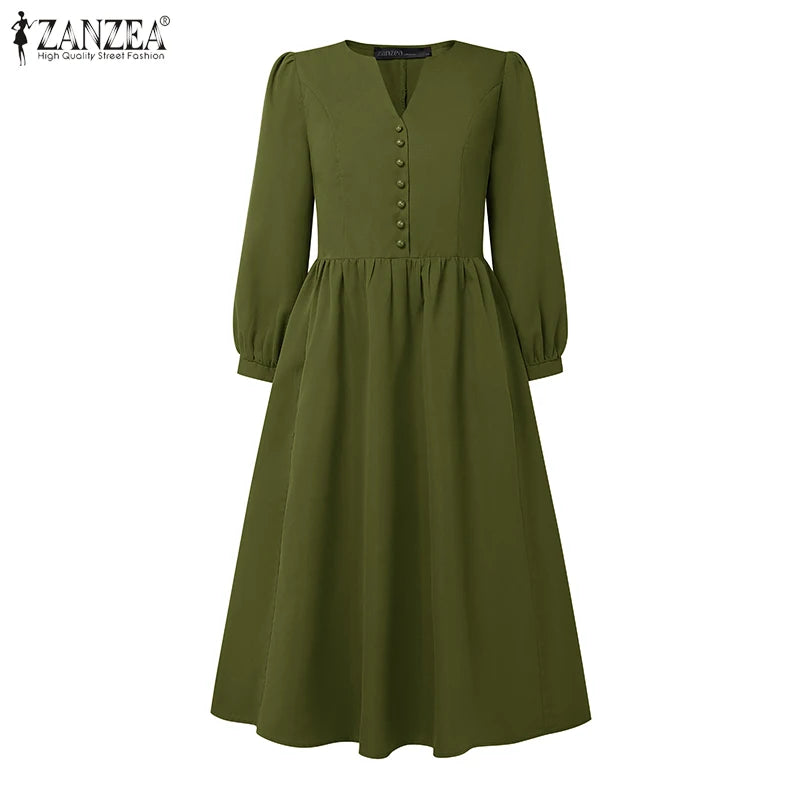 ZANZEA 2025 Autumn Solid Work Dresses Women V Neck Long Sleeve Dress Elegant A Line Party Sundress Casual Solid Button Midi Robe