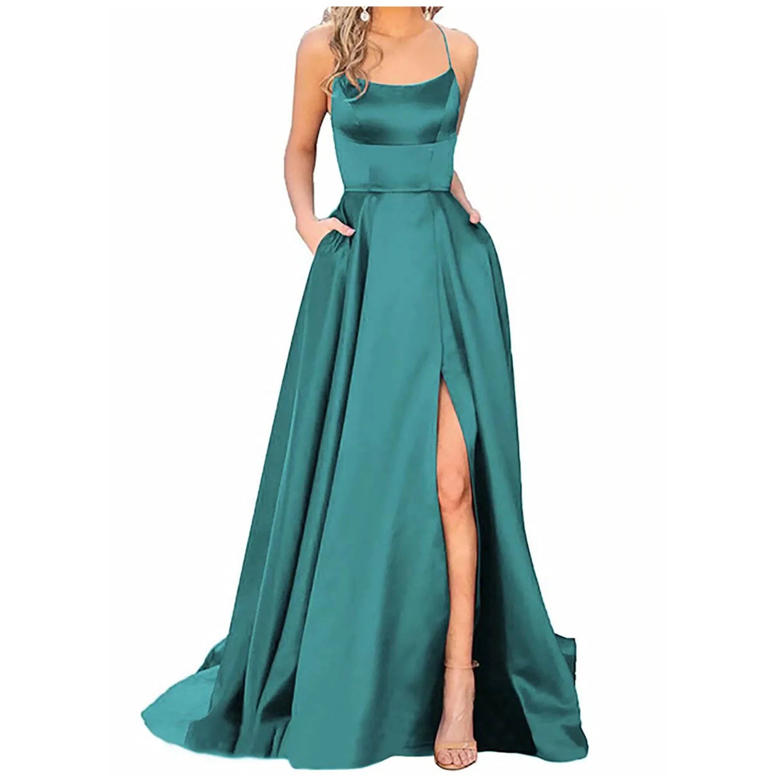 Women'S Long Dresses  Backless Long Dresses Satin Strap Party  Dress Side Slit Wedding Pockets Dress Vestidos платье 2024