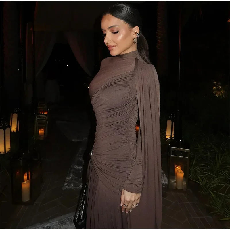 Elegant Women Pleated Irregular Patchwork Maxi Dress Chic Long Sleeve High Neack Dresses 2025 Summer Turtleneck Party Prom Gowns