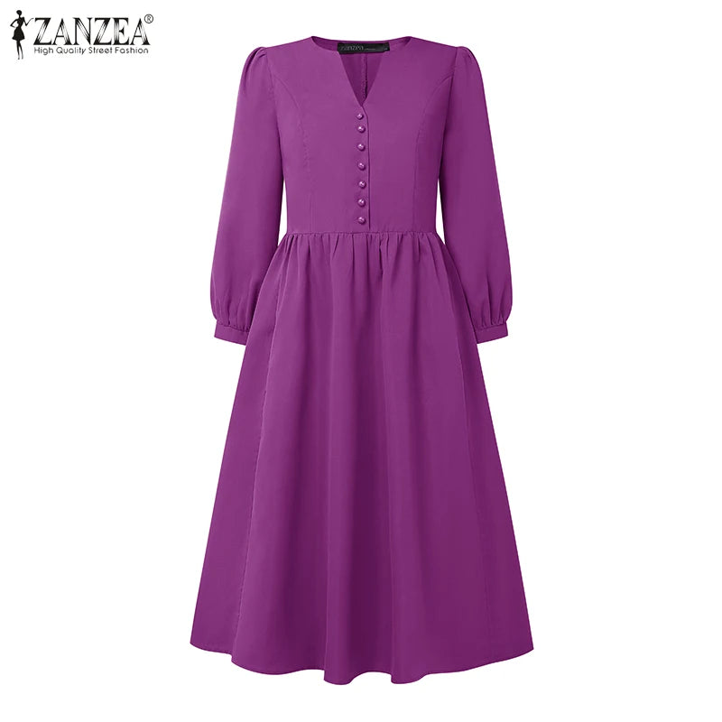 ZANZEA 2025 Autumn Solid Work Dresses Women V Neck Long Sleeve Dress Elegant A Line Party Sundress Casual Solid Button Midi Robe