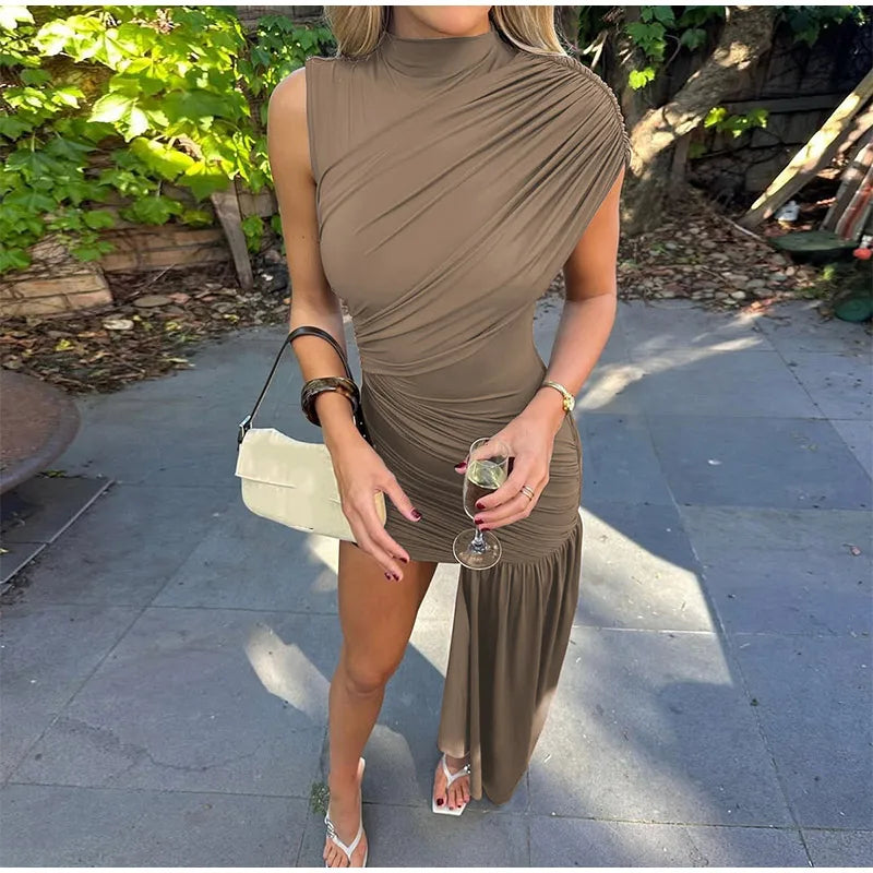 Elegant Women Pleated Irregular Patchwork Maxi Dress Chic Long Sleeve High Neack Dresses 2025 Summer Turtleneck Party Prom Gowns