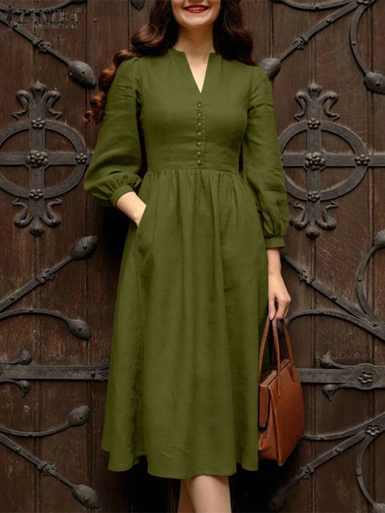 ZANZEA 2025 Autumn Solid Work Dresses Women V Neck Long Sleeve Dress Elegant A Line Party Sundress Casual Solid Button Midi Robe