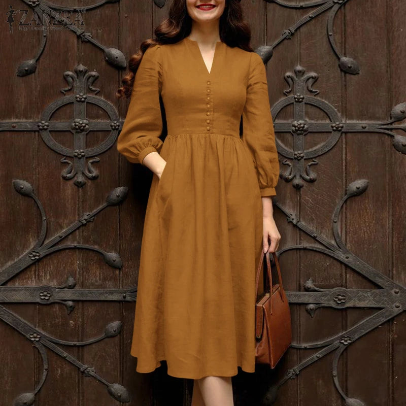 ZANZEA 2025 Autumn Solid Work Dresses Women V Neck Long Sleeve Dress Elegant A Line Party Sundress Casual Solid Button Midi Robe