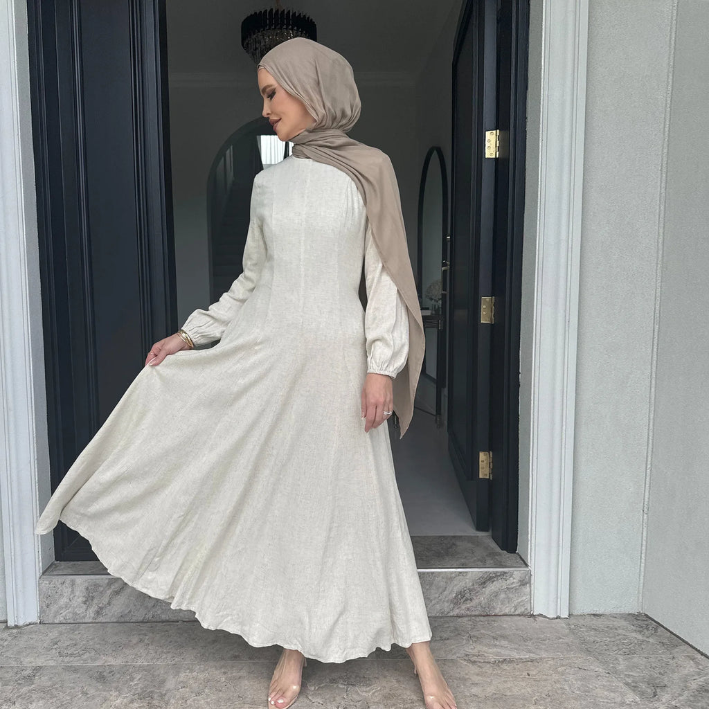 Muslim Long Dresses for Women Cotton Linen Fabric Round Neck Fitted Waist Outdoor Girl's Clothing Evening Party Abayas White