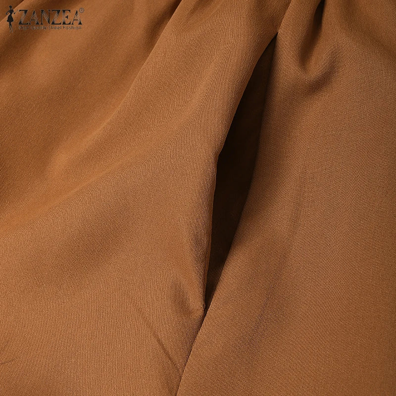 ZANZEA 2025 Autumn Solid Work Dresses Women V Neck Long Sleeve Dress Elegant A Line Party Sundress Casual Solid Button Midi Robe