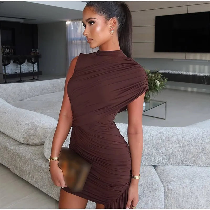 Elegant Women Pleated Irregular Patchwork Maxi Dress Chic Long Sleeve High Neack Dresses 2025 Summer Turtleneck Party Prom Gowns