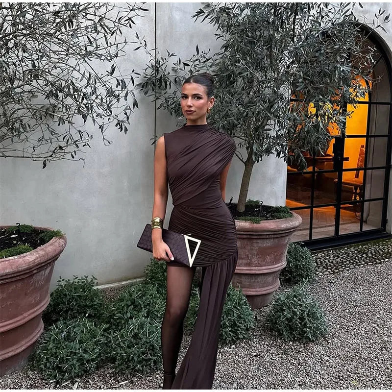 Elegant Women Pleated Irregular Patchwork Maxi Dress Chic Long Sleeve High Neack Dresses 2025 Summer Turtleneck Party Prom Gowns