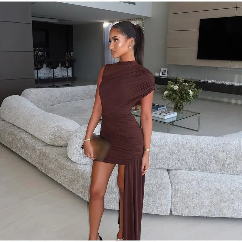 Elegant Women Pleated Irregular Patchwork Maxi Dress Chic Long Sleeve High Neack Dresses 2025 Summer Turtleneck Party Prom Gowns