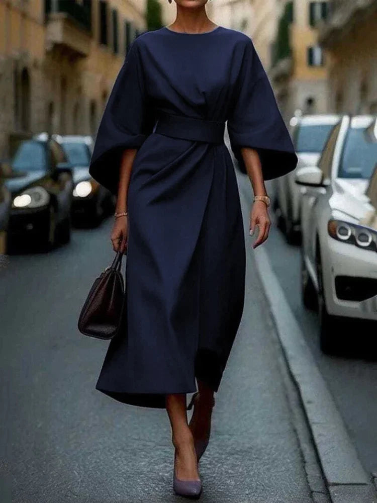 Beautyblue Long Dress for Women Fashion Summer Elegant Dresses 2025 New Round-Neck Puff Sleeves Pleated Party Evening Dress