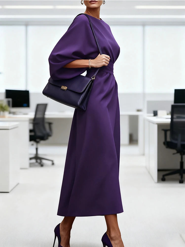 Long Dress for Women Fashion Summer Elegant Dresses 2025 New Round-Neck Puff Sleeves Pleated Party Evening Dress