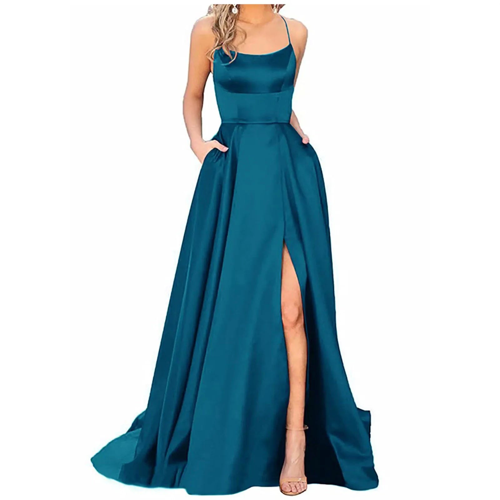 Women'S Long Dresses  Backless Long Dresses Satin Strap Party  Dress Side Slit Wedding Pockets Dress Vestidos платье 2024