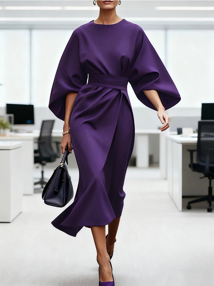 Long Dress for Women Fashion Summer Elegant Dresses 2025 New Round-Neck Puff Sleeves Pleated Party Evening Dress