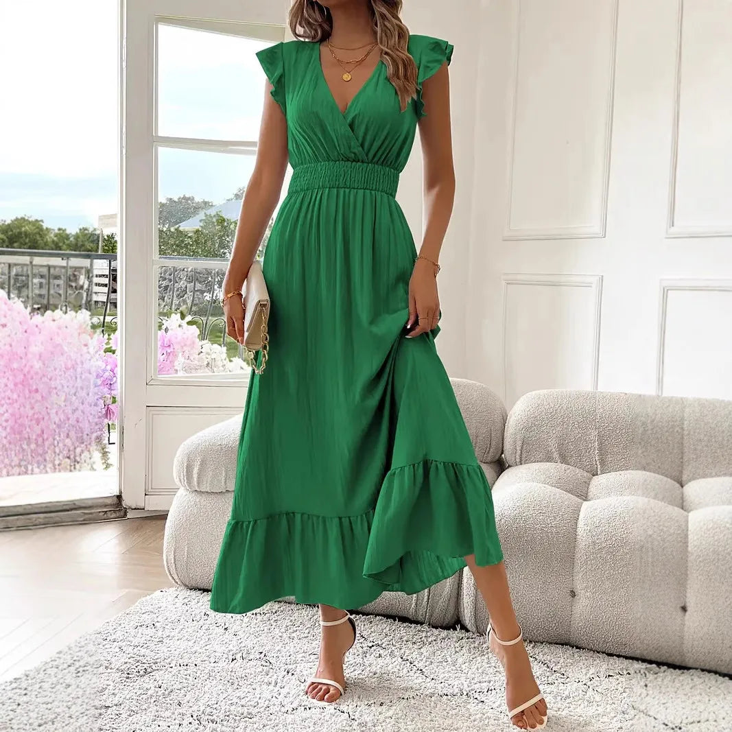 Long Dress Women 2025 Summer Dresses V Neck Solid Color Elastic Waist Maxi Gown Office Lady Ruffles Vestidos Casual A Line