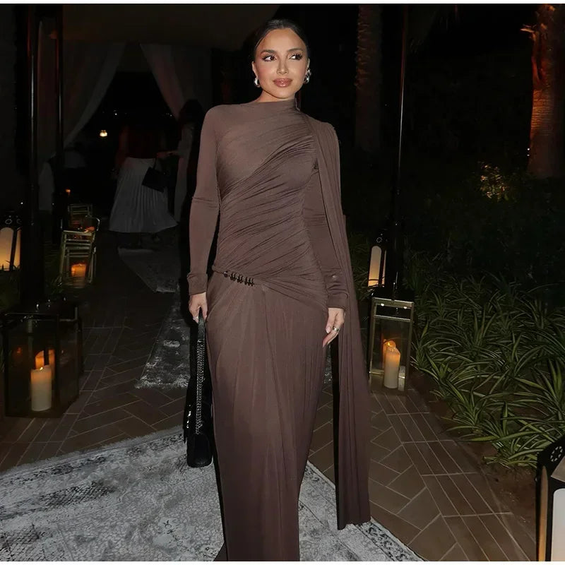 Elegant Women Pleated Irregular Patchwork Maxi Dress Chic Long Sleeve High Neack Dresses 2025 Summer Turtleneck Party Prom Gowns