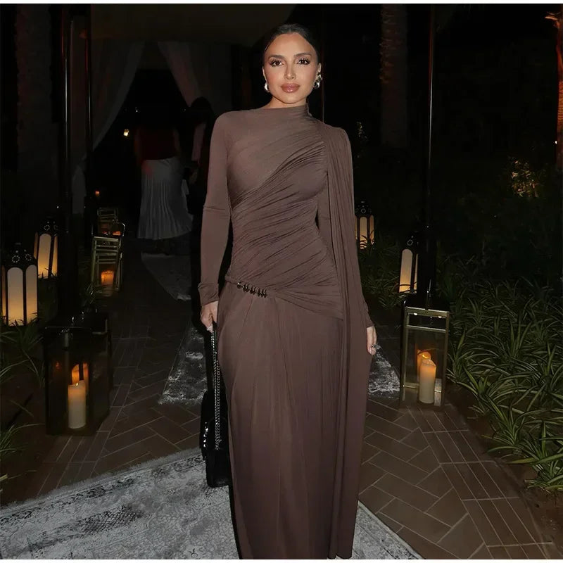 Elegant Women Pleated Irregular Patchwork Maxi Dress Chic Long Sleeve High Neack Dresses 2025 Summer Turtleneck Party Prom Gowns