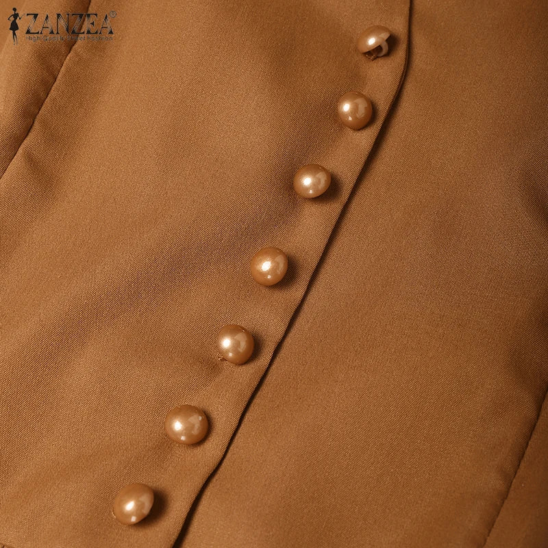 ZANZEA 2025 Autumn Solid Work Dresses Women V Neck Long Sleeve Dress Elegant A Line Party Sundress Casual Solid Button Midi Robe