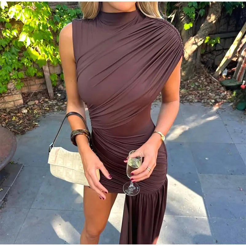 Elegant Women Pleated Irregular Patchwork Maxi Dress Chic Long Sleeve High Neack Dresses 2025 Summer Turtleneck Party Prom Gowns