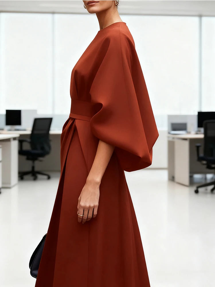 Long Dress for Women Fashion Summer Elegant Dresses 2025 New Round-Neck Puff Sleeves Pleated Party Evening Dress