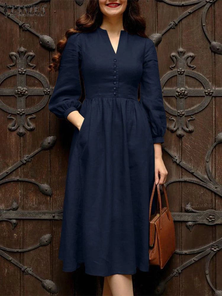 ZANZEA 2025 Autumn Solid Work Dresses Women V Neck Long Sleeve Dress Elegant A Line Party Sundress Casual Solid Button Midi Robe