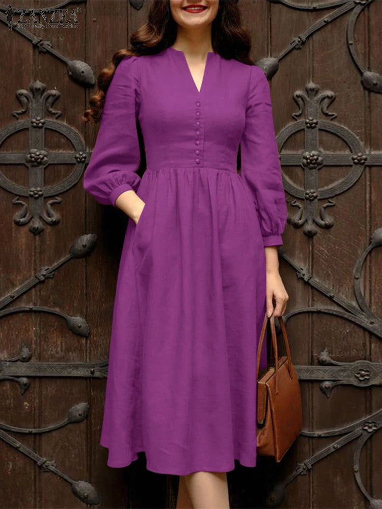 ZANZEA 2025 Autumn Solid Work Dresses Women V Neck Long Sleeve Dress Elegant A Line Party Sundress Casual Solid Button Midi Robe