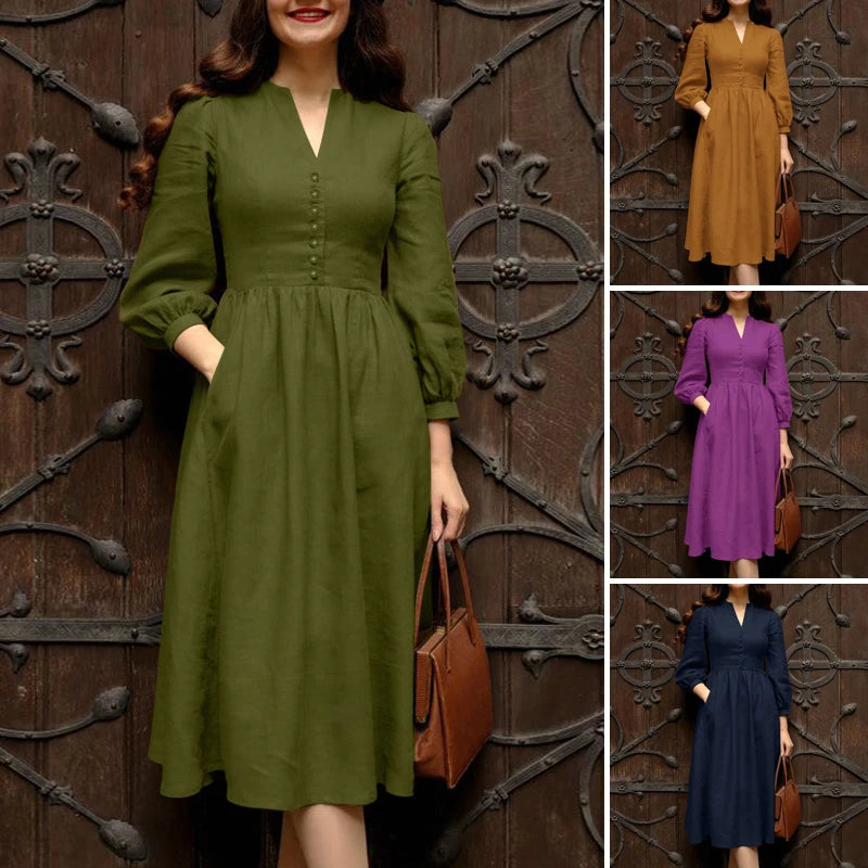 ZANZEA 2025 Autumn Solid Work Dresses Women V Neck Long Sleeve Dress Elegant A Line Party Sundress Casual Solid Button Midi Robe