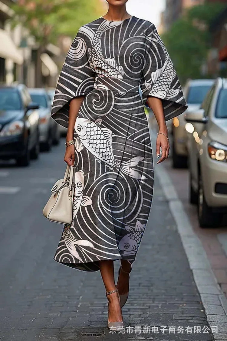 Elegant Floral Ocean Dress for Women Ankle Length Polyester Fiber Independent Station Cross-border 2025 Dress